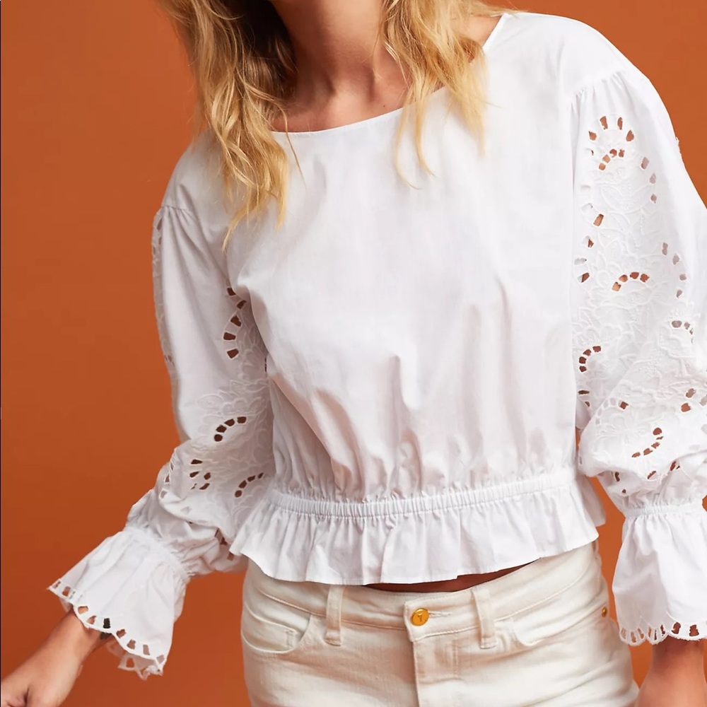 Anthropologie Sz M Embroidered Eyelet Sleeve Blouse by Maeve EUC
